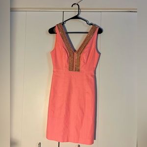 Lilly Pulitzer coral colored dress with gold beaded neck